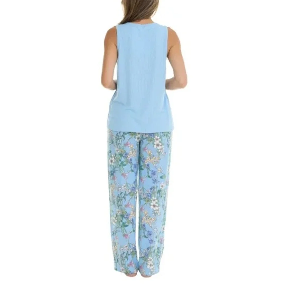 Flora Nikrooz Womens 3-Piece Pajama Set Blue Floral Robe Tank Pants 2XL New